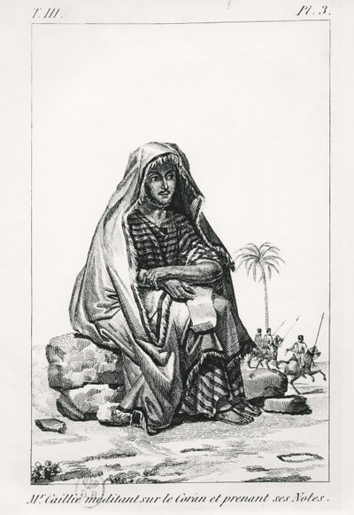 رينيه كايل يفكر في القرآن وتدوين الملاحظات ، من Journal dun voyage a Tombouctou by Rene Caillie (1799-1838) ، 1830 بواسطة المدرسة الفرنسية