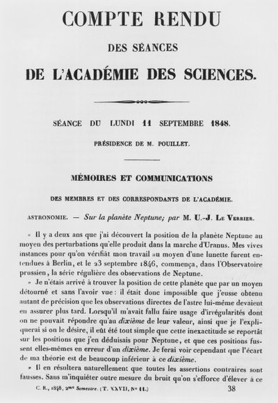 تقرير الجلسات في أكاديمية العلوم لجون جوزيف لو فيرير (1811-1877) على كوكب نبتون ، 11 سبتمبر 1848 بواسطة المدرسة الفرنسية