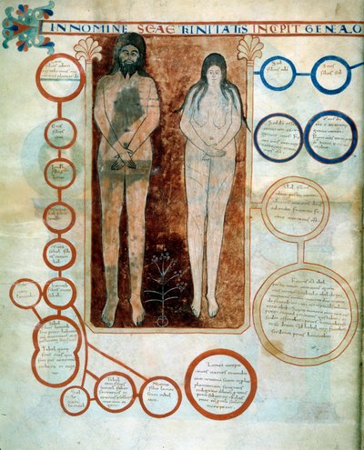 تمثل الرصائع الحمراء التي تمثل آدم وحواء خط قايين ، الذي دمره الطوفان المصغر الذي يوضح تعليقات "نهاية العالم بحسب القديس يوحنا" التي كتبها الراهب بيتوس دي ليبانا عام 775 بواسطة المدرسة الفرنسية