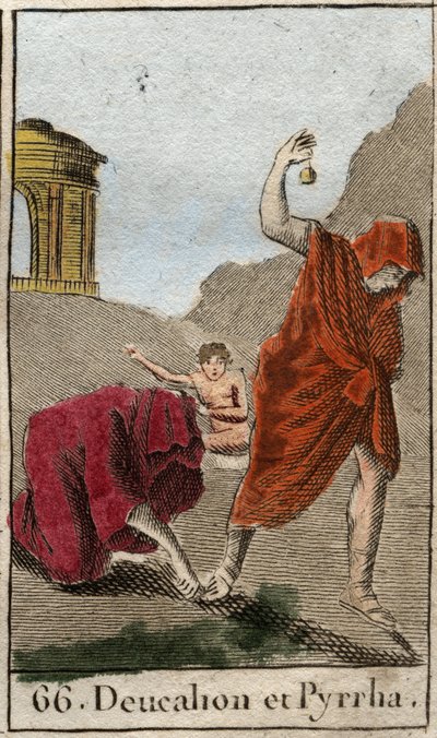 تمثيل Deucalion و Pyrrha ، الناجين الوحيدين بعد الطوفان الذي تسبب فيه زيوس لتدمير الجنس البشري. ثم يطلب منهم ثيميس بعد الطوفان أن يمشوا رأسهم مغطى برميهم خلفهم عظام أمهم (حجارة الأرض) (رع). بواسطة المدرسة الفرنسية