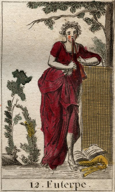 تمثيل Euterpe ، موسيقي ، محاط بكتب موسيقية وعزف فلوت مزدوج (Aulos) (Euterpe ، موسيقي ، يصور ممسكًا بناي مزدوج (aulos)). من "أساطير الشباب" بيير بلانشارد 1803. بواسطة المدرسة الفرنسية