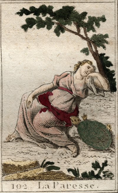 تمثيل كسل ابنة الليل والنوم كشاب مع سلحفاة. من "أساطير الشباب" بيير بلانشارد 1803. بواسطة المدرسة الفرنسية