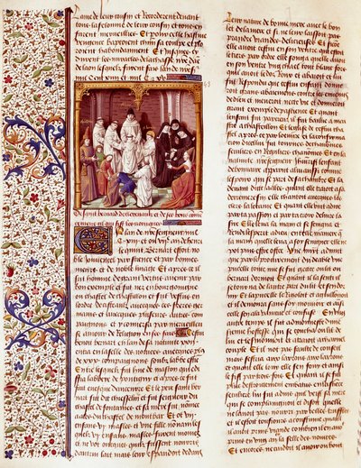 تمثيل للطفل القديس برنارد كليرفو من كليرفو (سان برناردو دي كيارافال) (1090-1153). وهو في منتصف الصورة، وفوق رأسه أوريول. منمنمة في "Le miroir historial" (Speculum Historiale) (م. 1196، الورقة 372) لفنسنت دي بوفا بواسطة المدرسة الفرنسية