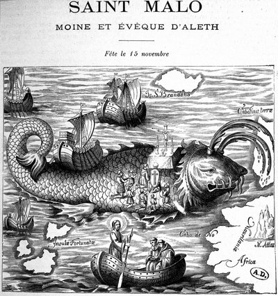 Representation of Saint Malo (Saint Maclou) on the back of a whale represented in the way of Saint Brendan (Brandan) by Clonfert or Breanainn by Clonfert (ca. 484-577/578) - engraving بواسطة المدرسة الفرنسية