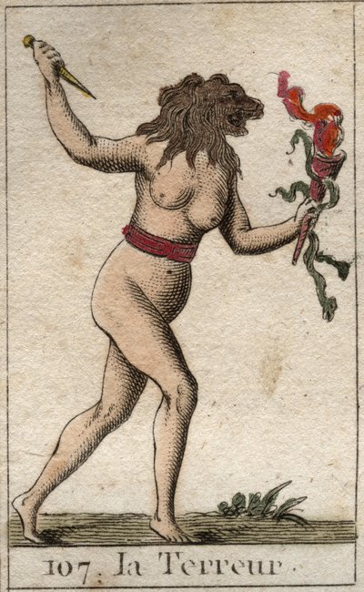 Representation of Terror, as a woman with a lion head, holding a knife and snakes. From “Mythology of Youth” by Pierre Blanchard 1803. بواسطة المدرسة الفرنسية