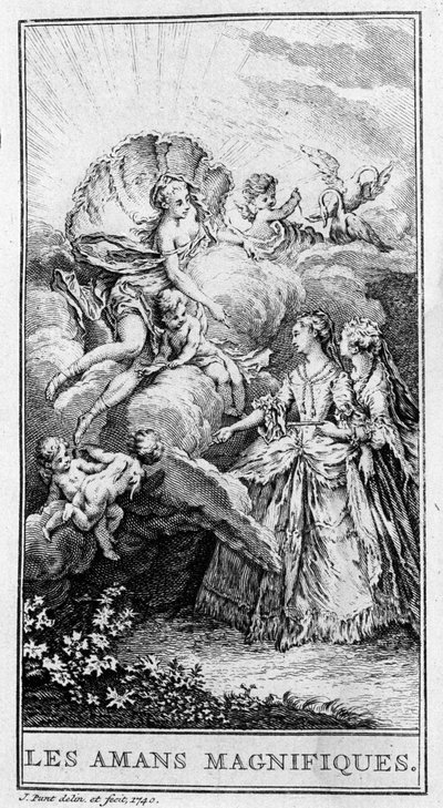 تمثيل مشهد من قطعة "Les Lovers Magnificients" (1670) من قبل Jean Baptiste Poquelin dit Moliere (1622-1673). نقش من عام 1740. بواسطة المدرسة الفرنسية