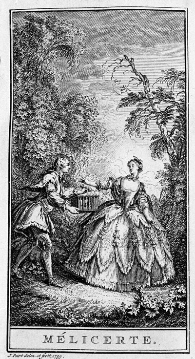 تمثيل مشهد من قطعة "Melicerte" (1666) من قبل جان بابتيست بوكلين ديت موليير (1622-1673). نقش من عام 1739. بواسطة المدرسة الفرنسية