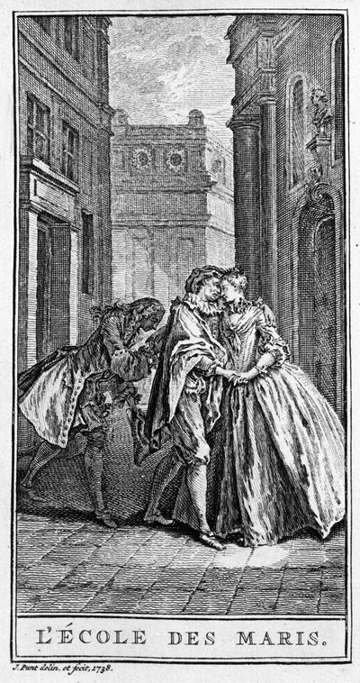 تمثيل مشهد من مسرحية "L'Ecole des Maris" (1661) لجان بابتيست بوكلين ديت موليير (1622-1673). نقش من عام 1738. بواسطة المدرسة الفرنسية