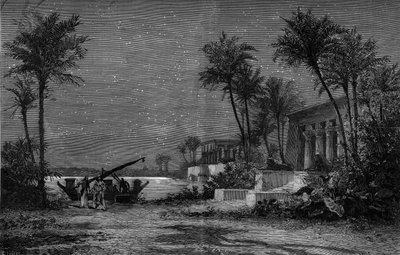 تمثيل أوبرا: "عايدة" لجوزيبي فيردي (1813-1901). ضفاف النيل (الفصل الثالث). ديكور جان لويس شيريت (1820-1882). نقش بواسطة سكوت في "" Le Monde Illustré "" رقم 1201 بتاريخ 3 أبريل بواسطة المدرسة الفرنسية