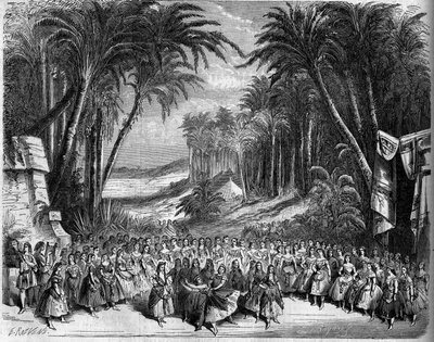 تمثيل أوبرا: سينوغرافيا الفصل الثاني لـ "ملكة سابا" على نص مسرحي لميشيل كاري (1819-1872) وجول باربييه (1822-1901) وموسيقى لتشارلز جونود (1818-1893). باريس ، مسرح الأوبرا بواسطة المدرسة الفرنسية