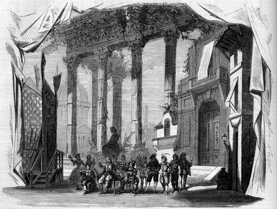 تمثيل أوبرا: سينوغرافيا الفصل الأول من "سلفادور روزا" بعد نص ليبريتو لهنري تريانون (1811-1896) ويوجين جرانج (1810-1887) ، وموسيقى لجول لوران دوبراتو (1827-1892). باريس ، أوبرا كوميك بواسطة المدرسة الفرنسية