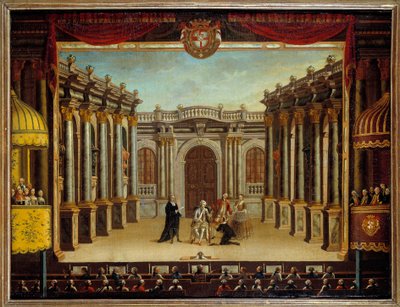 تمثيل "" الملاد الخيالي "لجين بابتيست بوكلين دي موليير (1622-1673) في مسرح مينوركا ، إسبانيا ؛ منظر المشهد. لوحة مجهولة بواسطة المدرسة الفرنسية