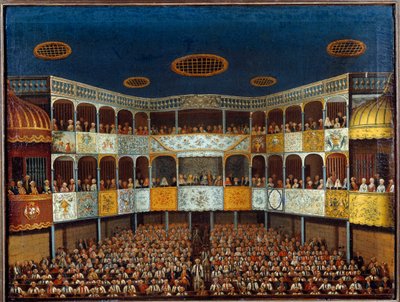 تمثيل "" الملاد الخيالي "لجان بابتيست بوكلين دي موليير (1622-1673) في مسرح مينوركا في إسبانيا ؛ منظر القاعة والجمهور. لوحة القرن الثامن عشر. باريس ، الفنون الزخرفية بواسطة المدرسة الفرنسية