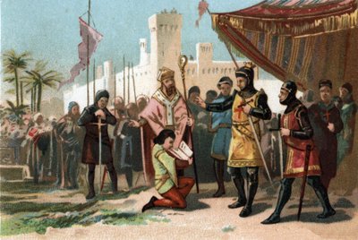 تمثيل خطابات الزواج التي وضعها الملك فيليب الثالث هاردي (1270-1285). الطباعة الحجرية الملونة حوالي عام 1890. بواسطة المدرسة الفرنسية