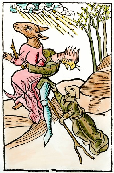 تمثيلات الشياطين والعرجيات مأخوذة من تجارة علم الشياطين "De lamiis et phitonicis mulieribus" (Des witches et des devineresses) بواسطة Ulrich Molitor تحريرها بواسطة Johan Pruss (نشط حوالي 1488-1493). 1499. باريس. الفنون الزخرفية بواسطة المدرسة الفرنسية