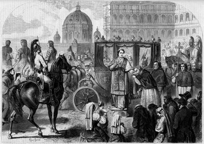 عودة البابا بيوس التاسع (1792-1878) إلى روما. نقش في "العالم المصور" رقم 65 بتاريخ 26 يونيو 1858. بواسطة المدرسة الفرنسية