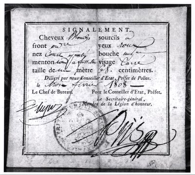 الجانب الخلفي لبطاقة الأمن ، 1808 (قلم وحبر على ورق) بواسطة المدرسة الفرنسية