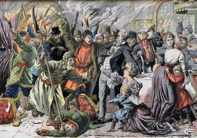 ثورة 1905 - غزو الفلاحين الروس لمنزل ريفي. Jacquerie في المقاطعات الروسية. غزو القلعة من قبل ثورات الفلاحين الروس. رسم توضيحي لمجلة Le petit Journal ، 2 أبريل 1905. بواسطة المدرسة الفرنسية
