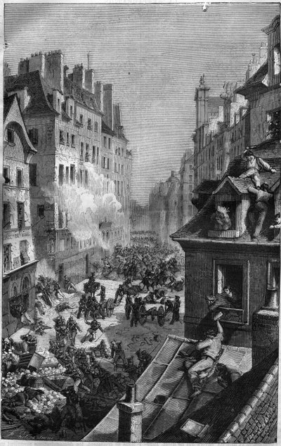 ثورة 1830: قتال في فوبورج القديس أنطوان. نقش في "Histoire des Papes-Rois-Queen and Empereurs عبر القرون" بقلم موريس لاتشاتر بواسطة المدرسة الفرنسية