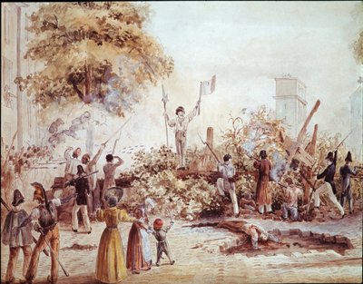 ثورة يوليو في باريس - الحاجز في شارع سانت مارتن في الأول من أغسطس (ألوان مائية ، 1830) بواسطة المدرسة الفرنسية