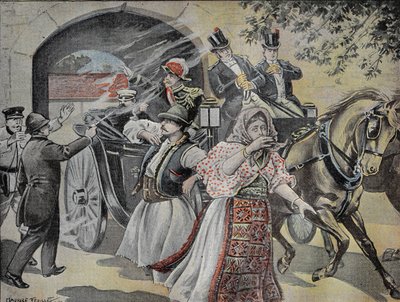 هجوم بالمسدس على ميلان أوبرينوفيتش (1854-1901) ملك صربيا السابق (1882 إلى 1889) في 7 يوليو 1899 في شوارع صوفيا. نقش في "" Le Pelerin "" 23/07/1899. بواسطة المدرسة الفرنسية