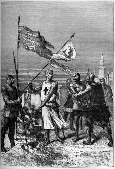 ريتشارد كور دي ليون أو ريتشارد الأول قلب الأسد (1157-1199) ملك إنجلترا ، يظهر وهو يزيل راية الأرشيدوق ليوبولد الخامس ، دوق النمسا - نقش في "تاريخ إنجلترا منذ العصور الأولى" بقلم فرانسوا جيزو بواسطة المدرسة الفرنسية
