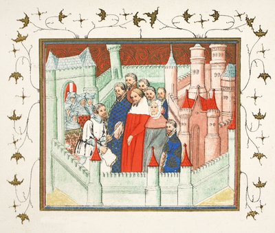 ريتشارد الثاني في قلعة فلينت حيث تم تسليمه سجينًا إلى Bolingbroke ، منافسه على العرش ، نسخة فاكس من Le Prinse et Mort du Roy Richart بواسطة جان كريتون ، أعيد طبعه القرن التاسع عشر (اللون بواسطة المدرسة الفرنسية
