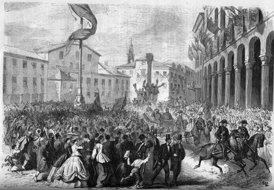 Risorgimento - ضم البندقية إلى إيطاليا - 1866: دخول الملك الإيطالي فيتوريو إيمانويل الثاني (فيكتور عمانويل الثاني) (فيكتور عمانويل) (1820-1878) إلى روفيغو. نقش في "" Le Monde Illustré "" رقم 488 بتاريخ 18 أغسطس 1866. بواسطة المدرسة الفرنسية