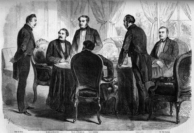Risorgimento - معاهدة زيورخ - 10 نوفمبر 1859: توقيع معاهدة زيورخ من قبل المفوضين من فرنسا والنمسا وسردينيا. يجب على النمسا التخلي عن لومباردي وإيطاليا. نقش في "" Le Monde Illustré "" رقم 136 بتاريخ 19 نوفمبر 1859. بواسطة المدرسة الفرنسية