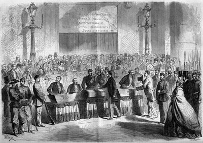 Risorgimento ، نابولي ، 21 أكتوبر 1860: تصويت السكان في كنيسة القديس فرانسوا دي بول على ارتباط المدينة بمملكة إيطاليا. نقش في "" Le Monde Illustré "" رقم 188 بتاريخ 17 نوفمبر 1860. بواسطة المدرسة الفرنسية