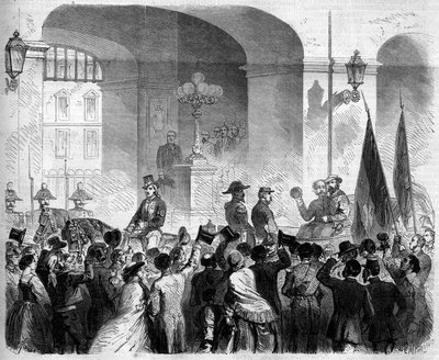 Risorgimento ، نابولي ، 7 نوفمبر 1860: دخول فيكتور عمانويل الثاني (فيكتور إيمانويل) (فيتوريو إيمانويل) (1820-1878) ، ملك إيطاليا ، إلى القصر الملكي في نابولي بعد تصويت السكان بقبول انضمام نابولي إلى مملكة ايطاليا بواسطة المدرسة الفرنسية