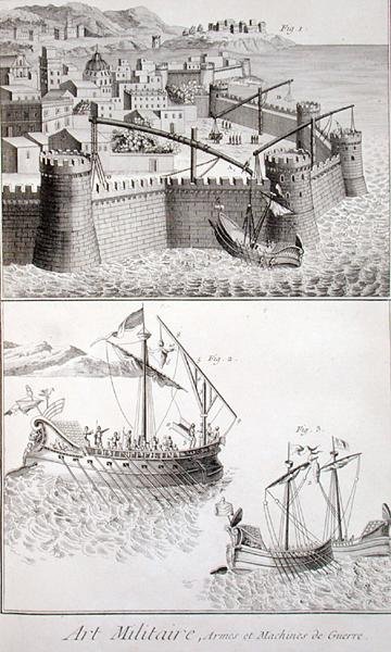 الآلات الرومانية للحرب البحرية ، من "Encyclopedie des Sciences et Metiers" بقلم دينيس ديدرو (1713-1784) ، نُشرت عام 1770 (نقش) بواسطة المدرسة الفرنسية