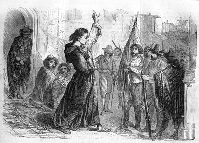 المسلسل الروماني: "" تذكار جوزيف غاريبالدي "" لألكسندر دوما (1802-1870). أوغو باسي (1800-1849) يروج للحشد لتشجيع السكان على المشاركة في Risorgimento في عام 1848. نقش في "" Les bons romances " بواسطة المدرسة الفرنسية