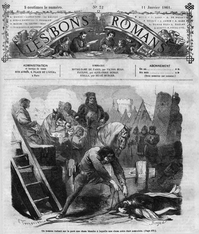 المسلسل الروماني: "" نوتردام دي باريس "لفيكتور هوغو (1802-1885). رجل يستنزف امرأتين على الرصيف. نقش في "" Les bons romances "" بواسطة المدرسة الفرنسية