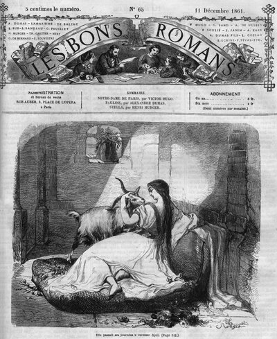 المسلسل الروماني: "" نوتردام دي باريس "لفيكتور هوغو (1802-1885). ازميرالدا والماعز. نقش في "" Les bons romances "" بواسطة المدرسة الفرنسية
