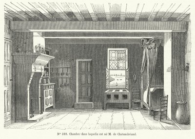 غرفة في فندق Hotel de France في St Malo ، Brittany ، حيث ولد الكاتب والسياسي الفرنسي Francois-Rene de Chateaubriand (نقش) بواسطة المدرسة الفرنسية