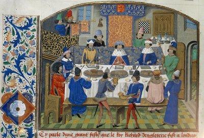 Roy 14 E IV fol. 265v Dukes of York، Gloucester and Ireland dukes of York، Gloucester and Ireland dukes with Richard II، Vol III "From the Coronation of Richard II to 1387"، by Jean de Batard Wavrin (vellum) بواسطة المدرسة الفرنسية
