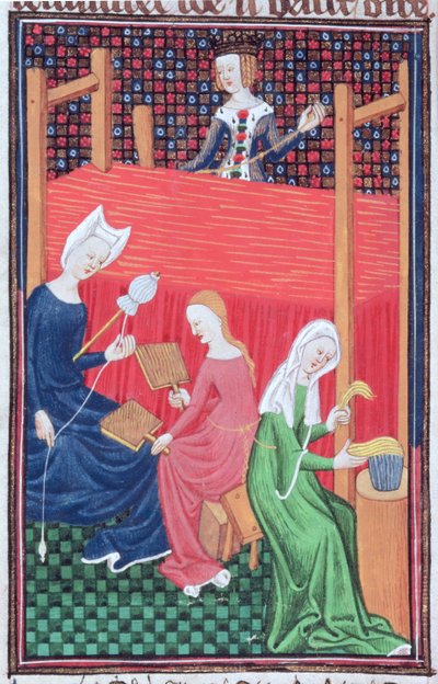 Roy 16 G V f.56 Gaia Caecilia أو Tanaquil ، مع نول ودوران نسائي ، من De Claris Mulierbus (رق) بواسطة المدرسة الفرنسية