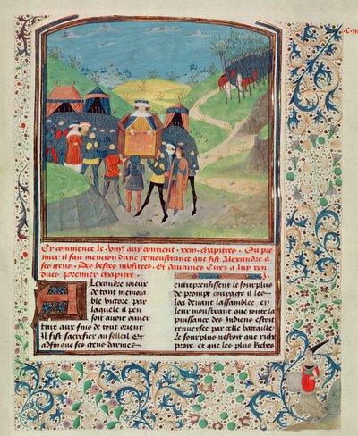 Roy 17 FI f.198 الإسكندر الأكبر يخاطب رجاله على أمل إقناعهم بالاستمرار في الهند ، من Quinte Curse Ruffe des Fais du Grant Alexandre ، c.1468 (ورق) بواسطة المدرسة الفرنسية