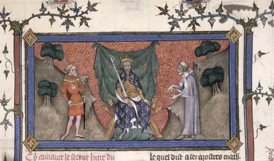 Roy 19 C IV f.154 الملك تشارلز الخامس (1337-80) من فرنسا توج بالتاج والسيف والصولجان بين فارس وكاتب بواسطة المدرسة الفرنسية