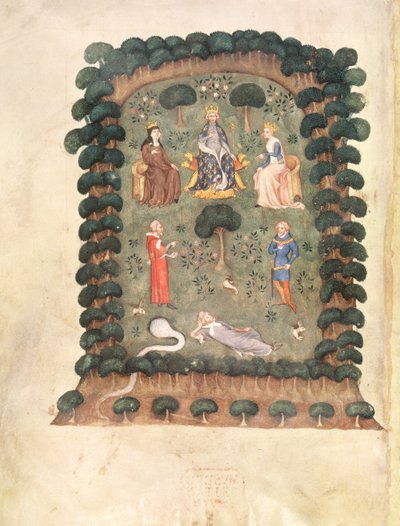 Roy 19 C IV f.298 تشارلز الخامس توج في الحديقة مع التاج والصولجان ، من "حلم حارس البستان" بواسطة المدرسة الفرنسية