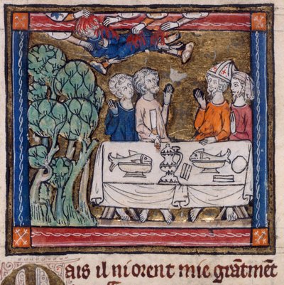 Royal 14 E. III ، f.76v Seven Hands Cast Fire on Moys ، رسم توضيحي من `` قصة الكأس المقدسة 