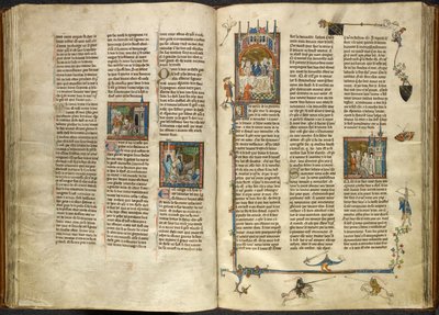 Royal 14 E. III، ff.88v-89 لانسلوت يزيل رأس جده المقطوع ، الملك ، من بئر يغلي ؛ انهيار مبنى على فرسان. على اليمين ، صورة مصغرة لـ Arthur و Guinevere جالسين في مأدبة ، من Estoire del Saint Graal ، بواسطة المدرسة الفرنسية