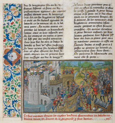 Royal 14 E. IV ، f.59v لقطة من معقل في Troyes ، من "سجلات إنجلترا القديمة والجديدة" ، بقلم جان دي وافرين ، حوالي 1470-80 (ورق) بواسطة المدرسة الفرنسية