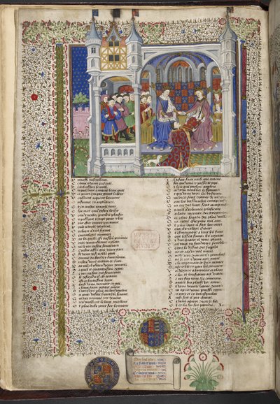Royal 15 E. VI ، f.2v Margaret of Anjou ، جالسة مع زوجها الملك هنري السادس ، رسم توضيحي من "Shrewsbury Talbot Book of Romances" ، حوالي 1445 (حبر ، لون وذهب على ورق) بواسطة المدرسة الفرنسية
