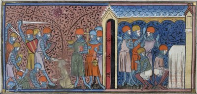 Royal 16 G. VI، f.185v غارة منصور قرطبة ، رسم توضيحي من "Chroniques de France ou de Saint Denis" (رق) بواسطة المدرسة الفرنسية