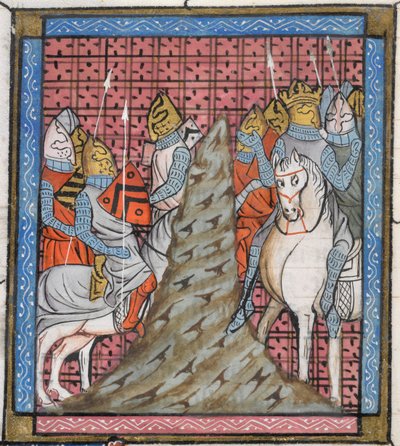 Royal 16 G. VI، f.317v تفاصيل منمنمة لفرقة جيش صليبي أثناء عبور جبل ، رسم توضيحي من "Chroniques بواسطة المدرسة الفرنسية