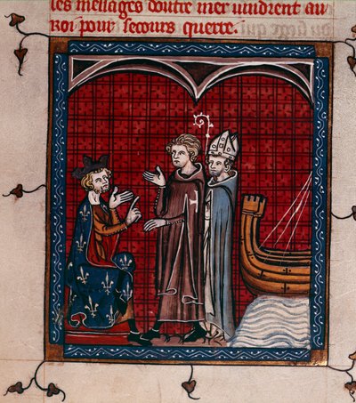 Royal 16 G. VI، f.337 الملك فيليب الثاني والبطريرك ، رسم توضيحي من "Chroniques de France ou de Saint Denis" (رق) بواسطة المدرسة الفرنسية