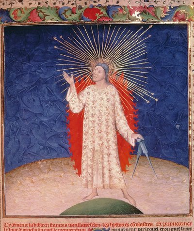 Royal 19 D III ، f.3: الله محاط بالنار بزوج من البوصلات ، من الكتاب المقدس Historiale بواسطة Guyart des Moulins ، حوالي 1411 (ورق) بواسطة المدرسة الفرنسية