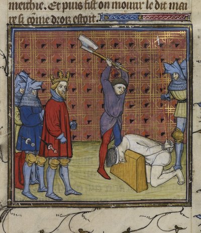 Royal 20 C. VII f.134v قادة انتفاضة Jacquerie ضد النبلاء الفرنسيين بقطع رأسهم بأمر من ملك Navarre ، من "Chroniques de France ou de St Denis" (الحبر واللون والذهب على ورق) بواسطة المدرسة الفرنسية